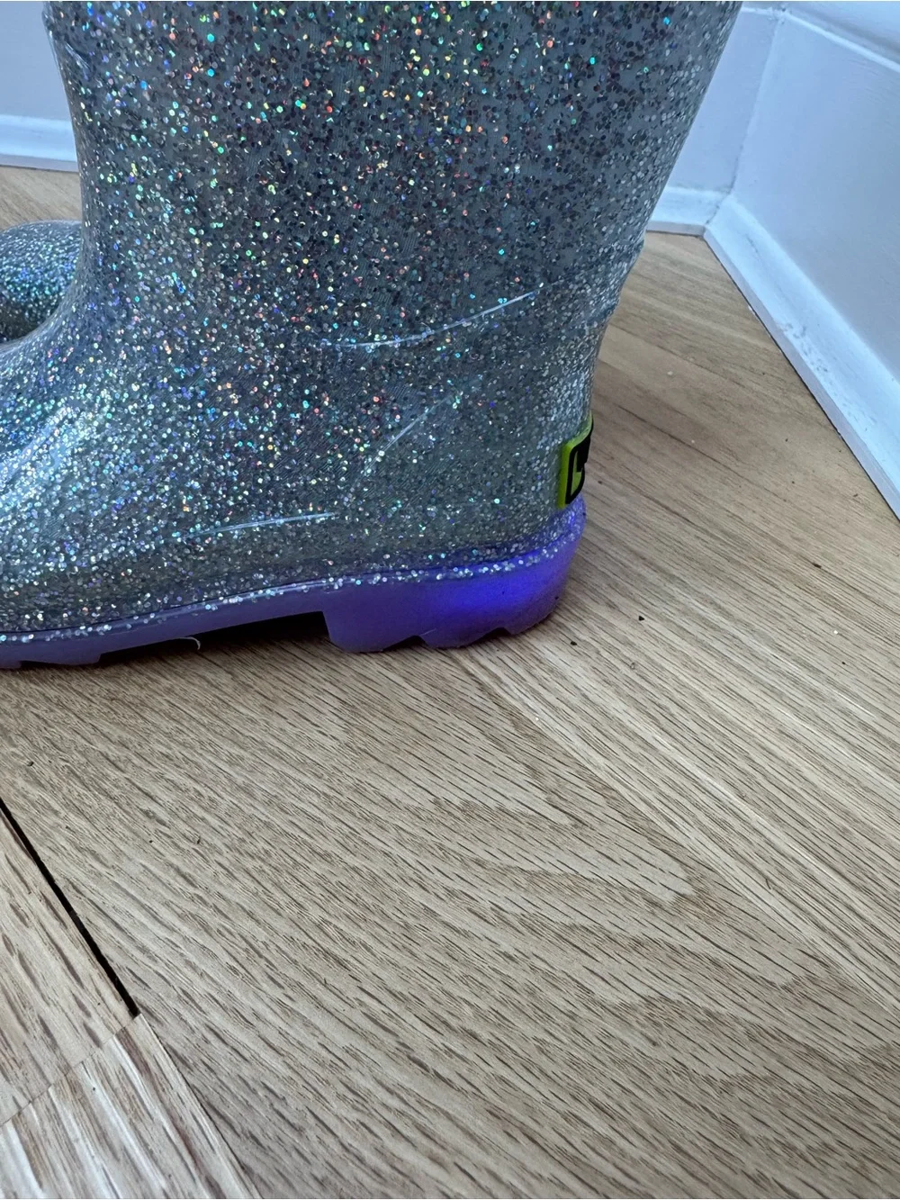 Western Chief Light Up Silver Glitter Rain Boots with Purple Soles